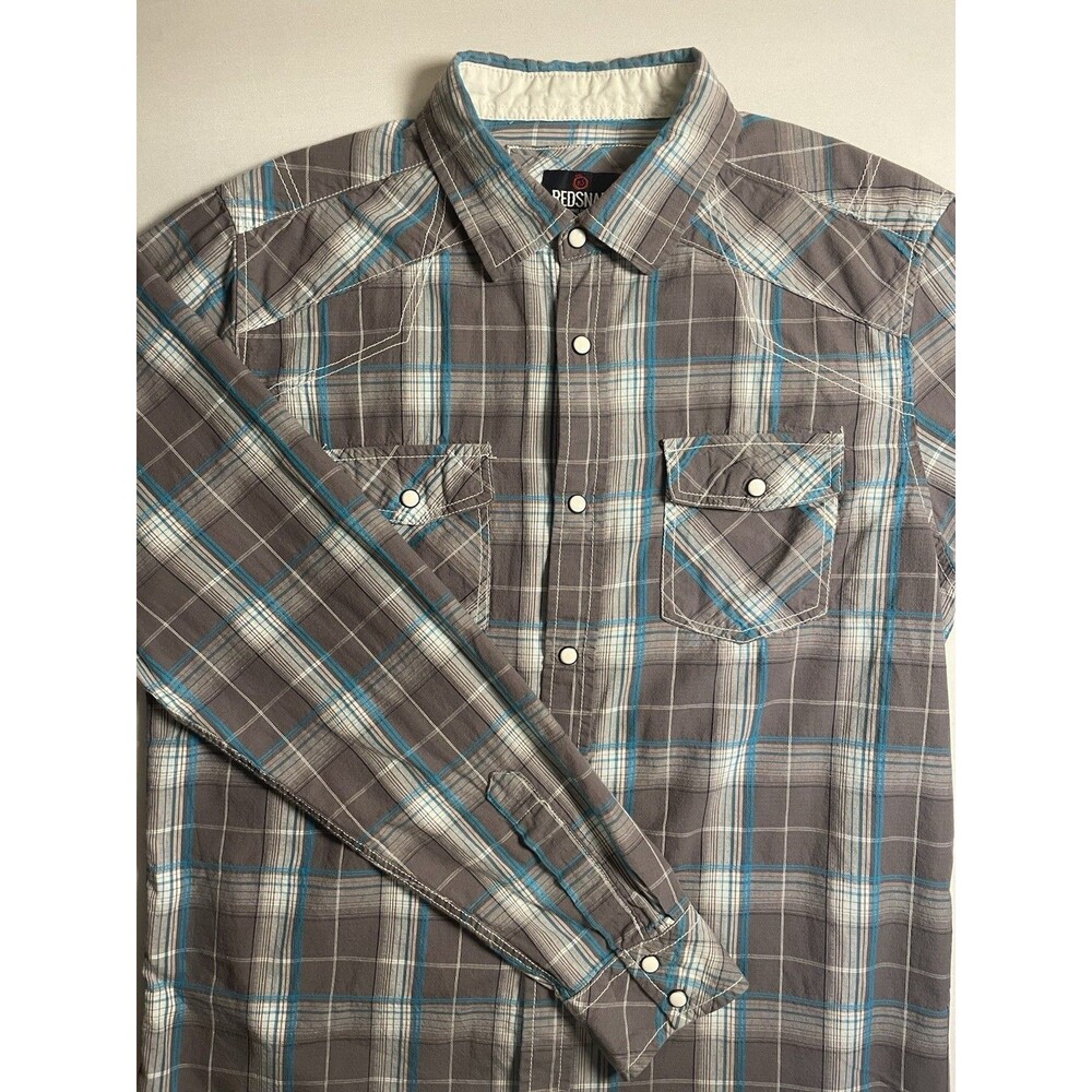 Red Snap Shirt Pearl Snap Long Sleeve Western Shirt Gray Plaid Size Medium